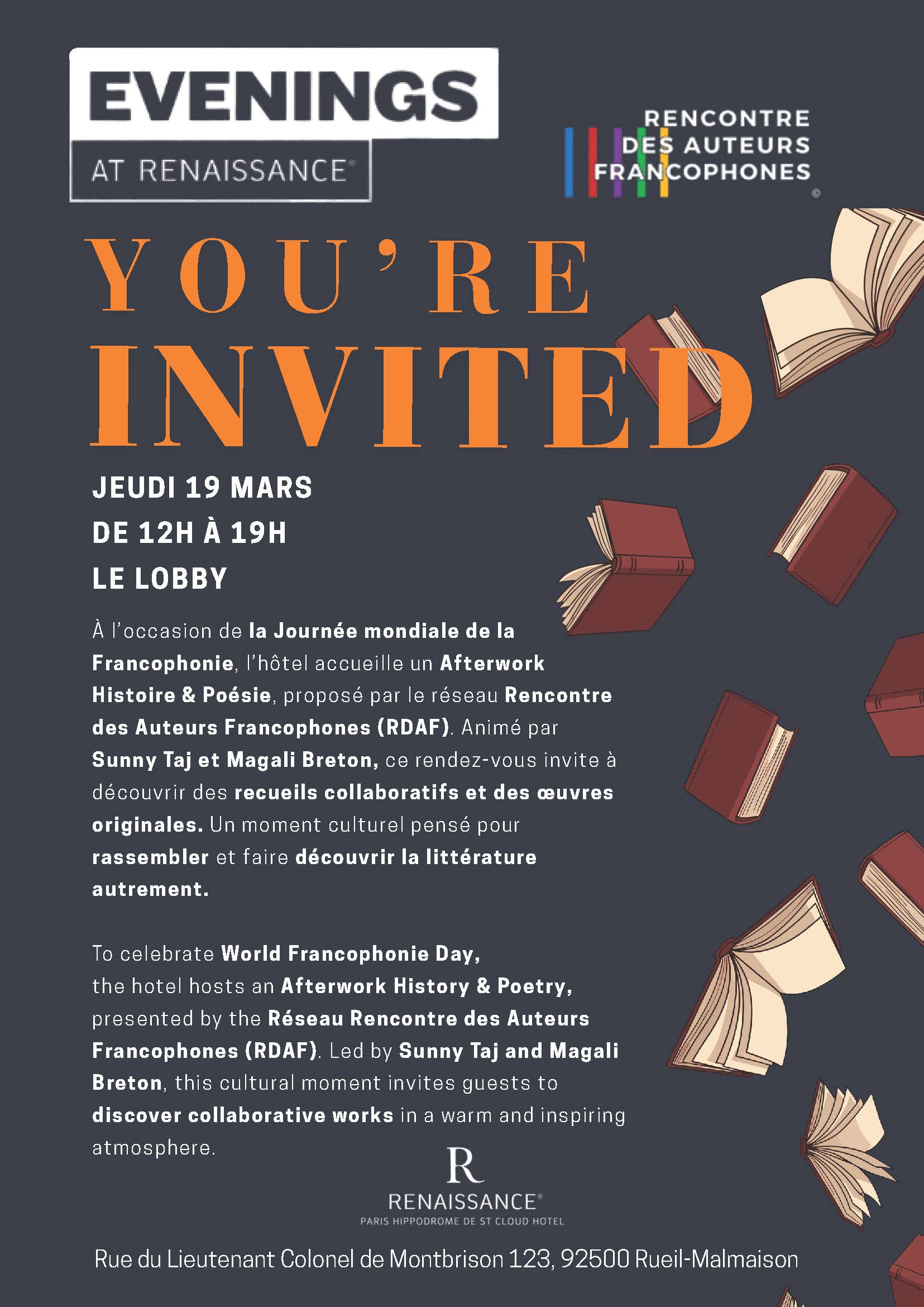 Événement Rencontre des Auteurs Francophones : Histoire et poésie au Renaissance Hôtel avec Sunny Taj et Magali Breton